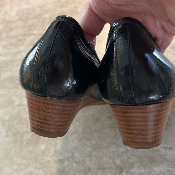 Cole Haan Black Patent Peep Toe Wedges - Picture 4 of 6